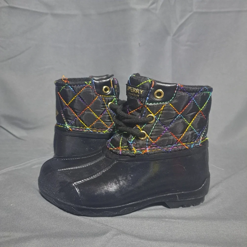 Sperry Topsider Girls 9M Quilted Rainbow‎ Rain Duck Boots Black Multi